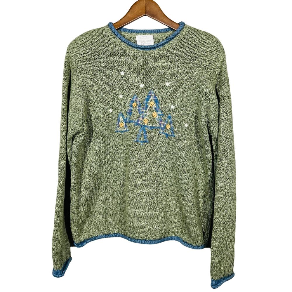 Vintage Christmas Sweater Christopher Banks Tree Crewneck Grey Blue - L
